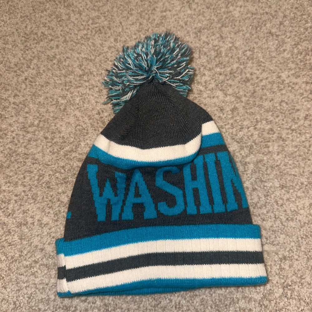 Blue and White Knit Hat with Pom-Pom and Stripes